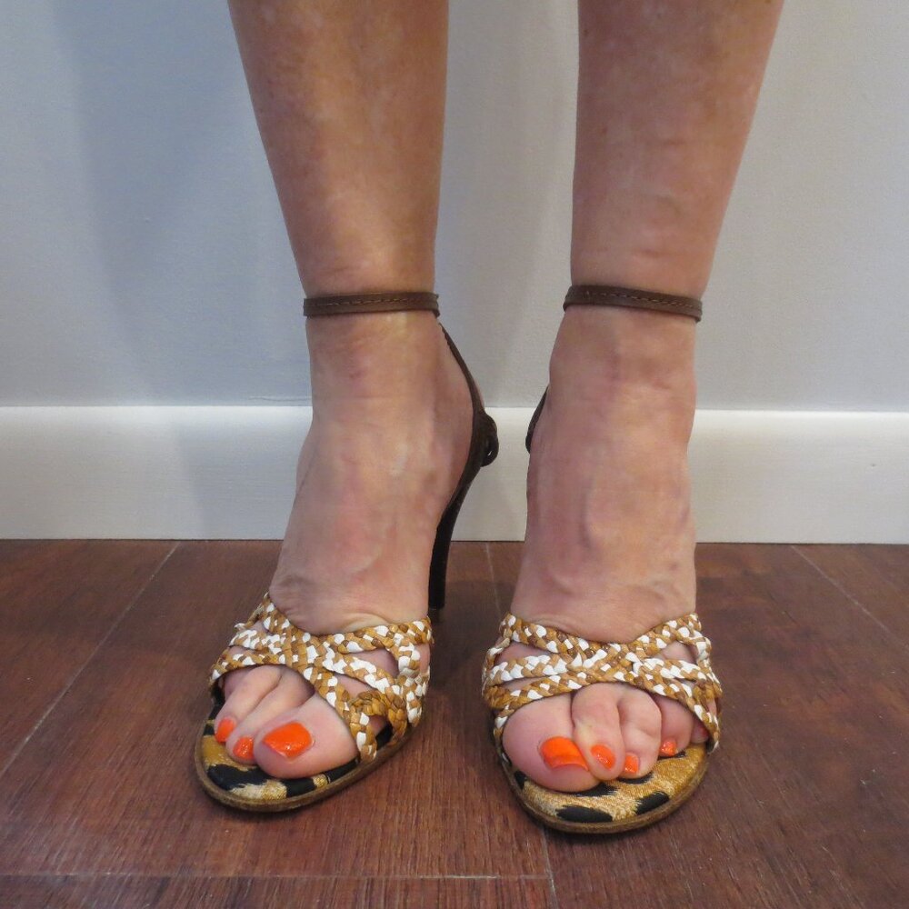 CASADEI Brown and Leopard Ankle Strap High Heel Sandals